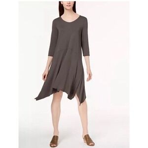 Eileen Fisher M Stretch Jersey Handkerchief Forest Flowy Lagenlook Relaxed Dress